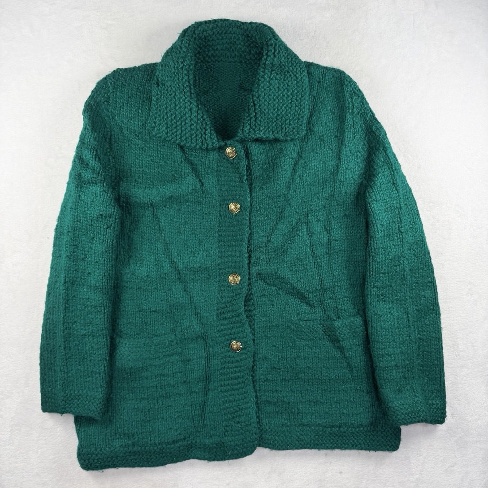 Vtg Mirabell Salzburg Cardigan Women 44 XL Gold Button Wool Chunky Knit Emerald